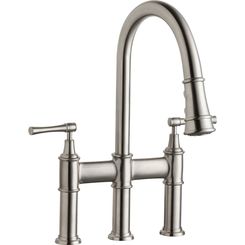 Click here to see Elkay LKEC2037LS Elkay Explore Three Hole Bridge Faucet with Pull-down Spray and Lever Handles Lustrous Steel - LKEC2037LS