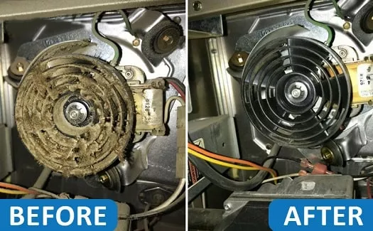 before and after image of cleaning a furnace blower