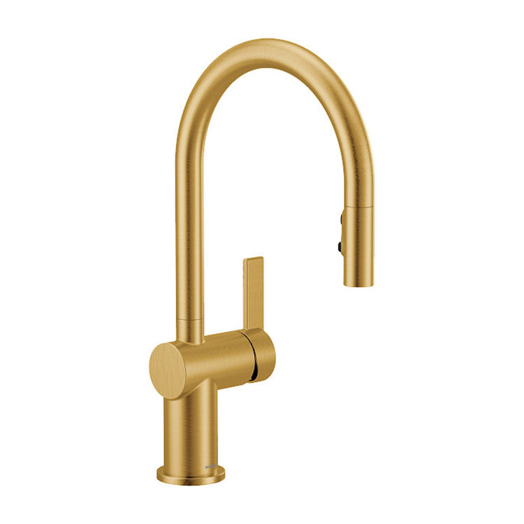 view of brushed gold moen cia kitchen faucet