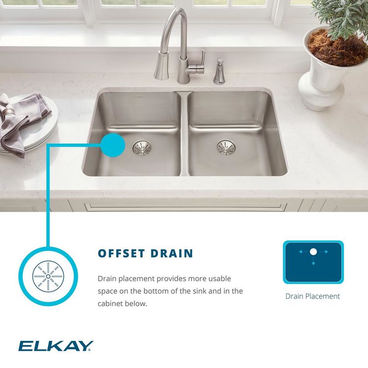 Elkay ELUH3120R Lustertone Classic Offset Double Bowl Undermount Stainless Steel Sink
