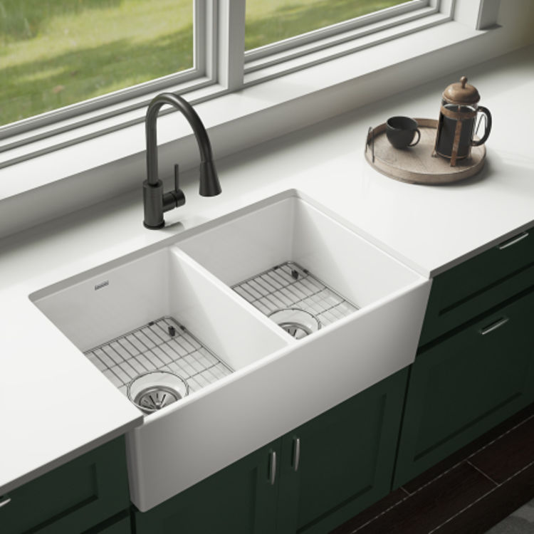 Elkay SWUF32189WHC Fireclay Double Bowl Farmhouse Sink Kit, 33" x 1915